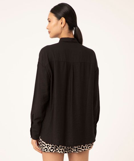 camisa ampla texturizada manga longa preta