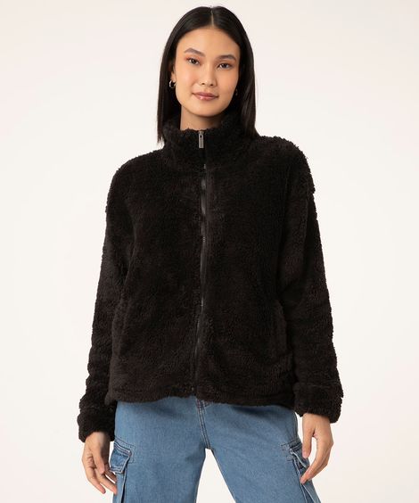jaqueta sherpa gola alta preto