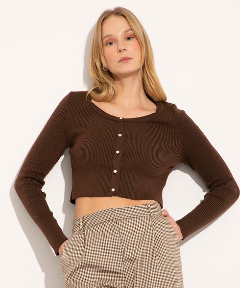 cardigan cropped de tricô mindset marrom escuro