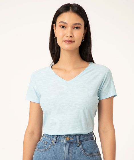 camiseta de algodão peruano decote v azul