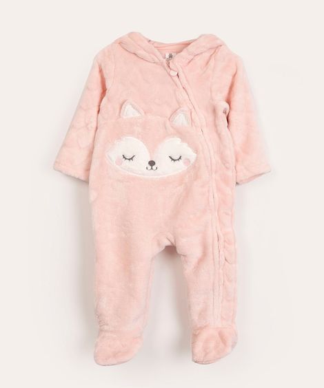macacão infantil de pelúcia com capuz raposa rosa claro