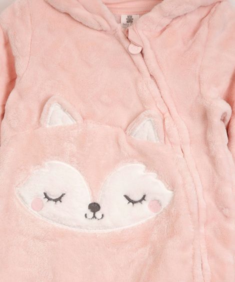 macacão infantil de pelúcia com capuz raposa rosa claro