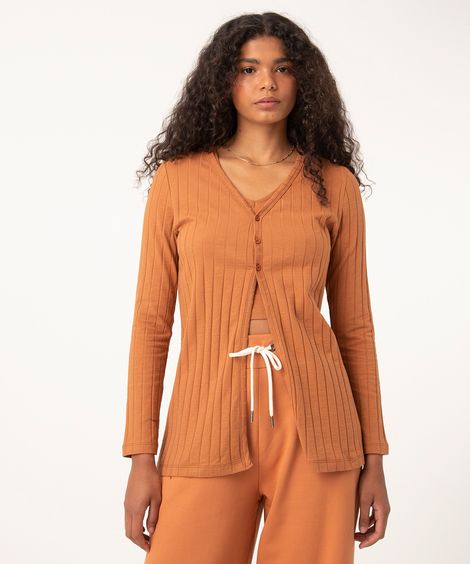 cardigan básico longo canelado caramelo
