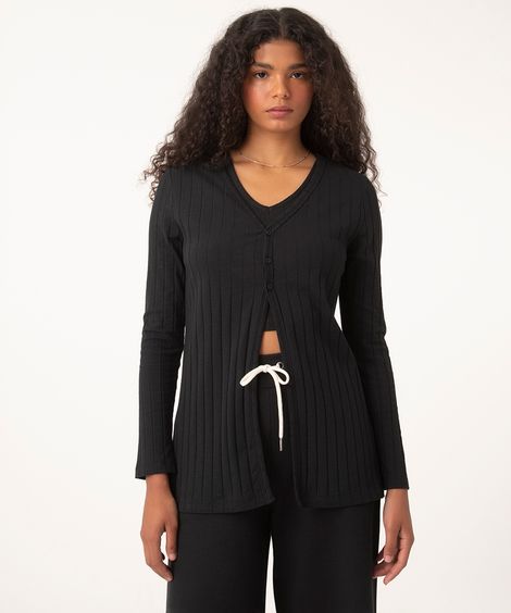 cardigan básico longo canelado preto