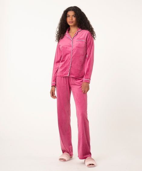 pijama camisa de plush com vivo contrastante pink