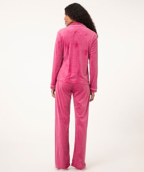 pijama camisa de plush com vivo contrastante pink