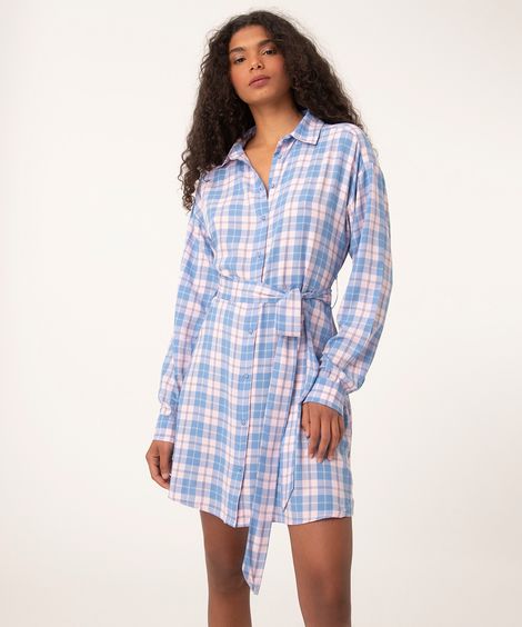 vestido chemise de viscose xadrez com faixa multicor