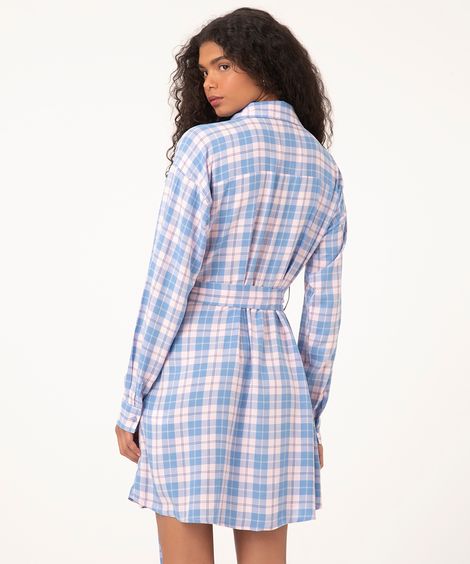 vestido chemise de viscose xadrez com faixa multicor