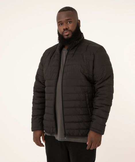 jaqueta puffer de nylon plus size básica com bolsos gola alta preta