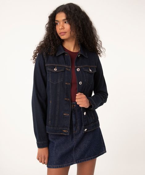 jaqueta jeans com bolsos azul escuro