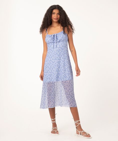 vestido midi de tule floral alças finas azul