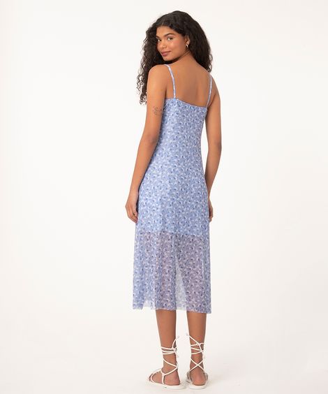 vestido midi de tule floral alças finas azul