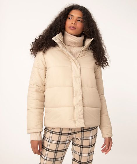 jaqueta puffer com capuz bege