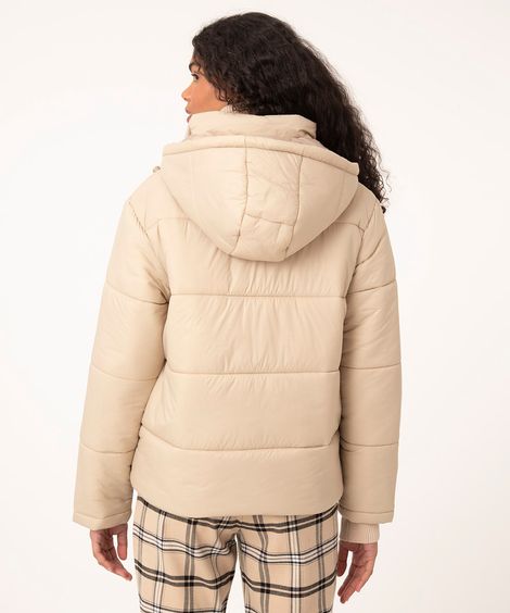 jaqueta puffer com capuz bege
