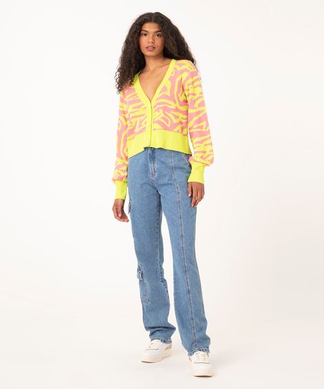 calça jeans reta cargo cintura alta com recortes azul médio
