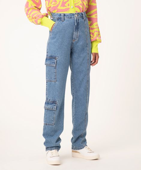 calça jeans reta cargo cintura alta com recortes azul médio