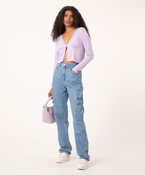 calça jeans reta cargo cintura super alta azul médio