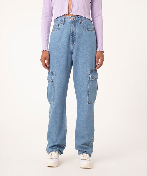 calça jeans reta cargo cintura super alta azul médio