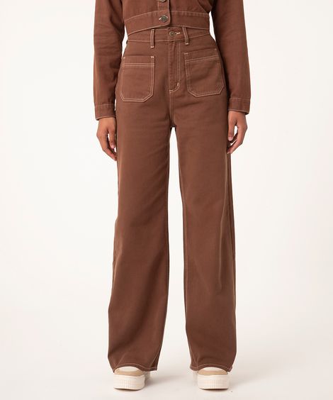 calça wide leg de sarja cintura super alta com bolsos marrom