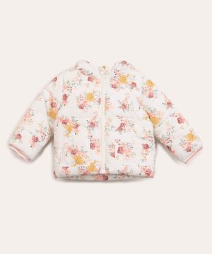 jaqueta infantil puffer floral com capuz off white