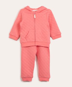 conjunto infantil de moletom matelassê jaqueta com capuz + calça rosa médio