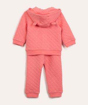 conjunto infantil de moletom matelassê jaqueta com capuz + calça rosa médio