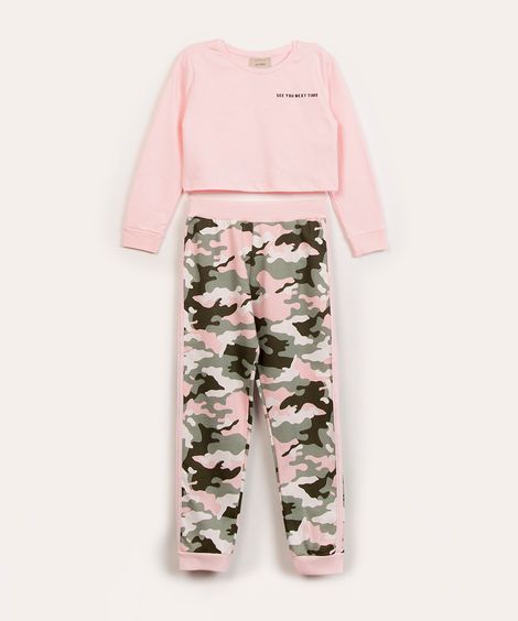 conjunto infantil manga longa cropped estampado camuflado  rosa