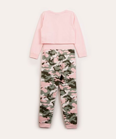 conjunto infantil manga longa cropped estampado camuflado  rosa