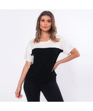 Blusa Viscose Feminina Manga Curta Com Recorte Bicolor 15001 Preto Almac