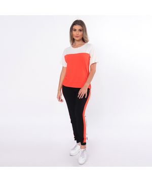 Blusa Viscose Feminina Manga Curta Com Recorte Bicolor 15002 Almac Laranja