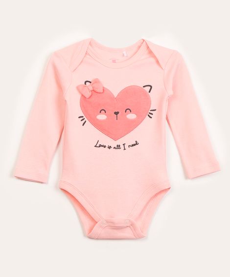 body infantil de algodão manga longa coração rosa claro