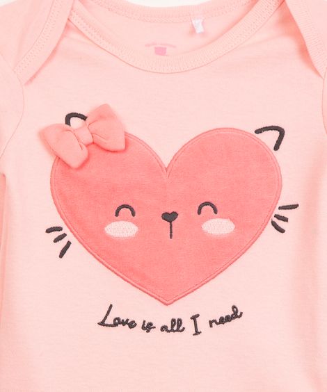 body infantil de algodão manga longa coração rosa claro