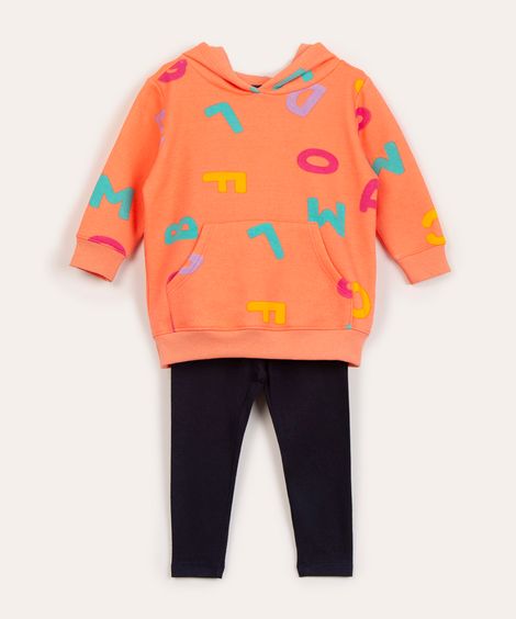 conjunto infantil de moletom longo com capuz letras coral
