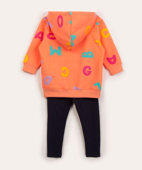 conjunto infantil de moletom longo com capuz letras coral