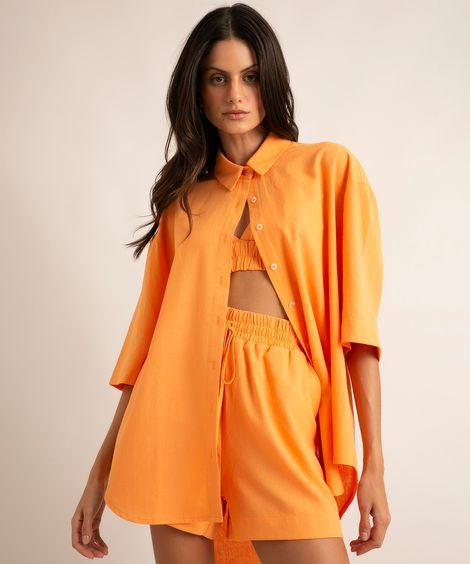 camisa de linho oversized manga 7/8 laranja médio