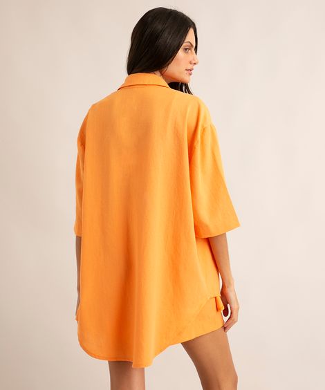camisa de linho oversized manga 7/8 laranja médio