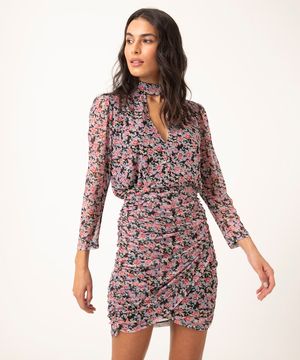 saia de tule franzida floral  preto