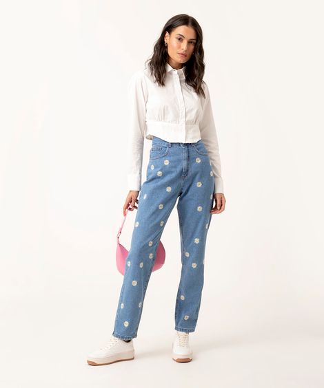calça jeans mom cintura super alta margaridas  azul médio