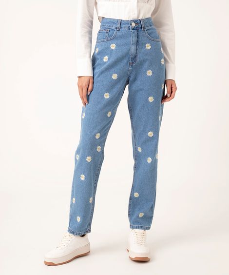 calça jeans mom cintura super alta margaridas  azul médio