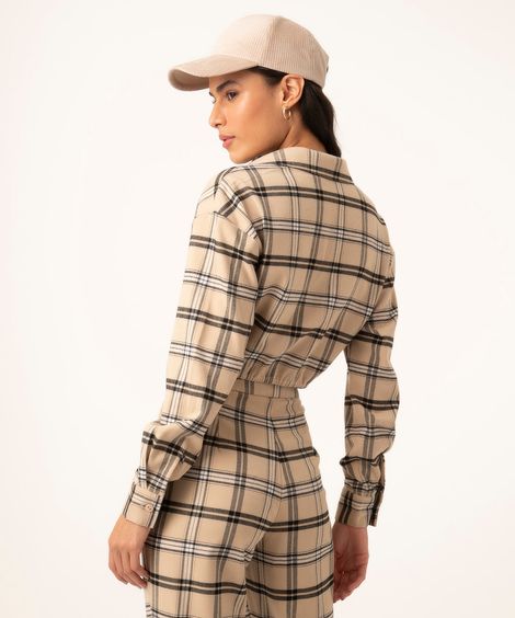 blusa de flanela com transpasse cropped xadrez bege