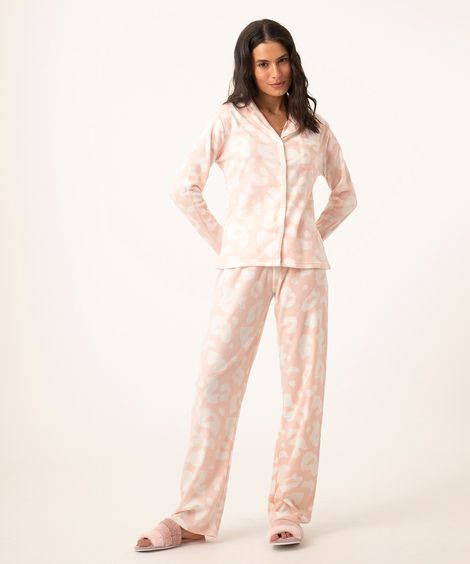 pijama americano longo em fleece animal print  rosa