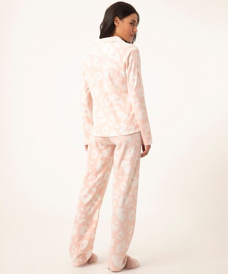 pijama americano longo em fleece animal print  rosa