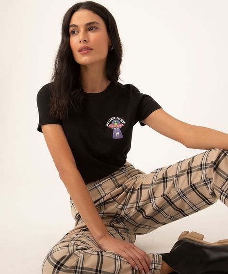 camiseta baby look de algodão e.t preta