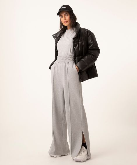 calça wide leg de moletom com nervuras cinza mescla