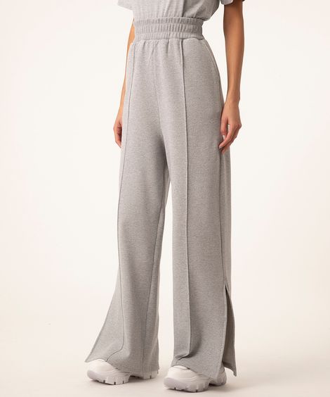 calça wide leg de moletom com nervuras cinza mescla