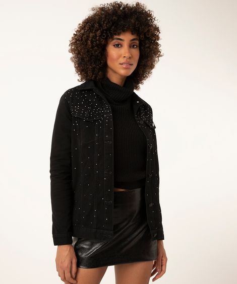 jaqueta oversized de sarja com strass preta