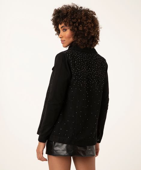 jaqueta oversized de sarja com strass preta
