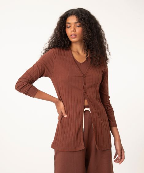 cardigan básico longo canelado marrom
