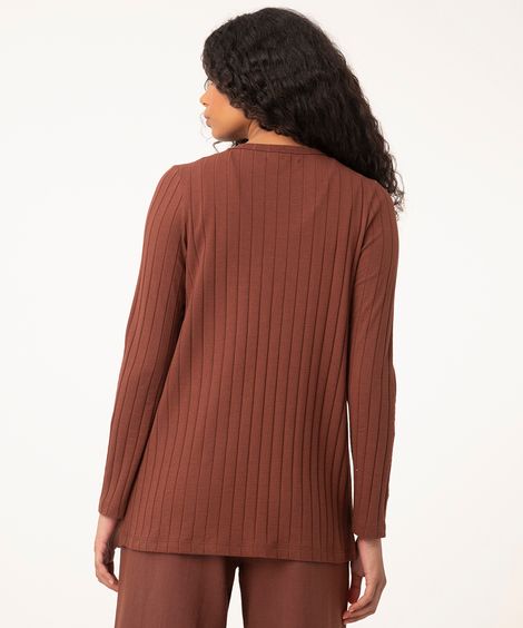 cardigan básico longo canelado marrom