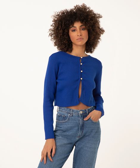 cardigan de tricô botões pérola azul médio